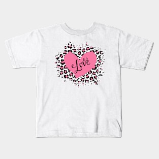 Love in pink heart on pink leopard pattern Kids T-Shirt